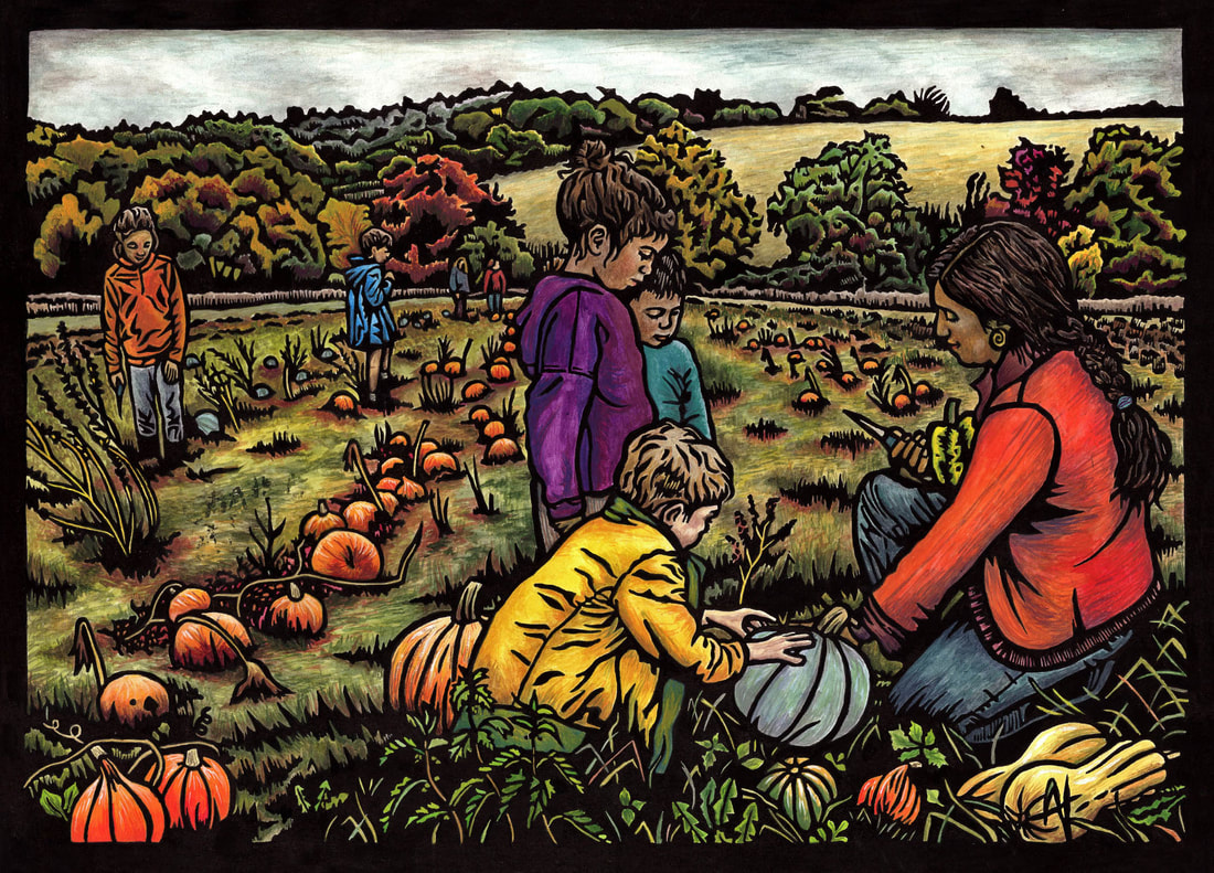 An artwork of people picking squashes